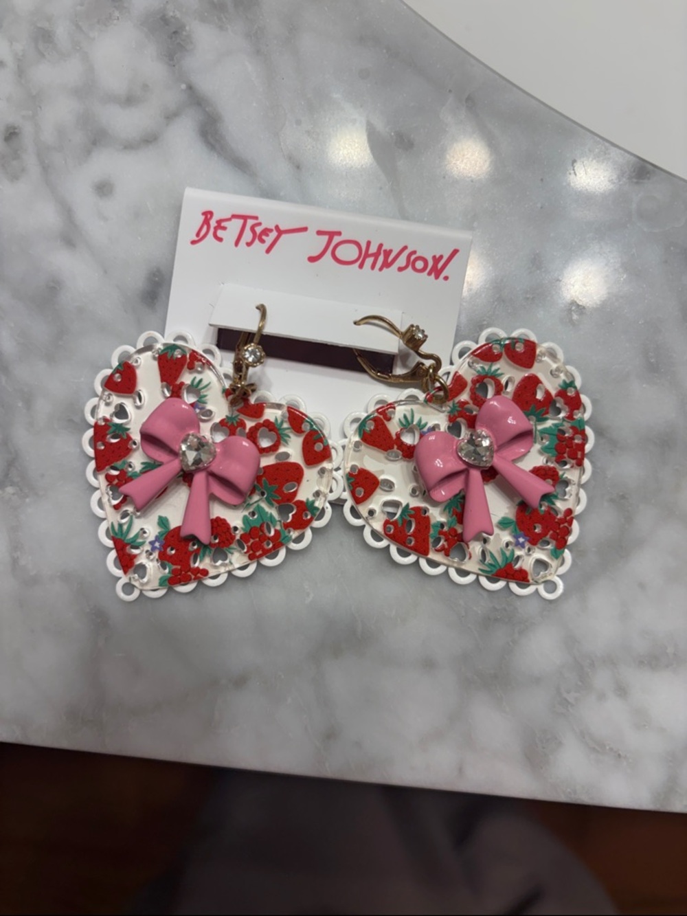Betsey Johnson White Heart Earrings with Pink Bows & Red Strawberry Print
